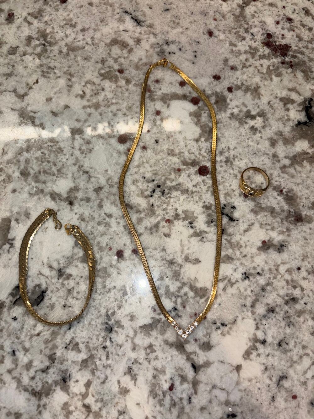 Vintage Gold Plated Herringbone Necklace Bracelet + 18k HGE Ring Set